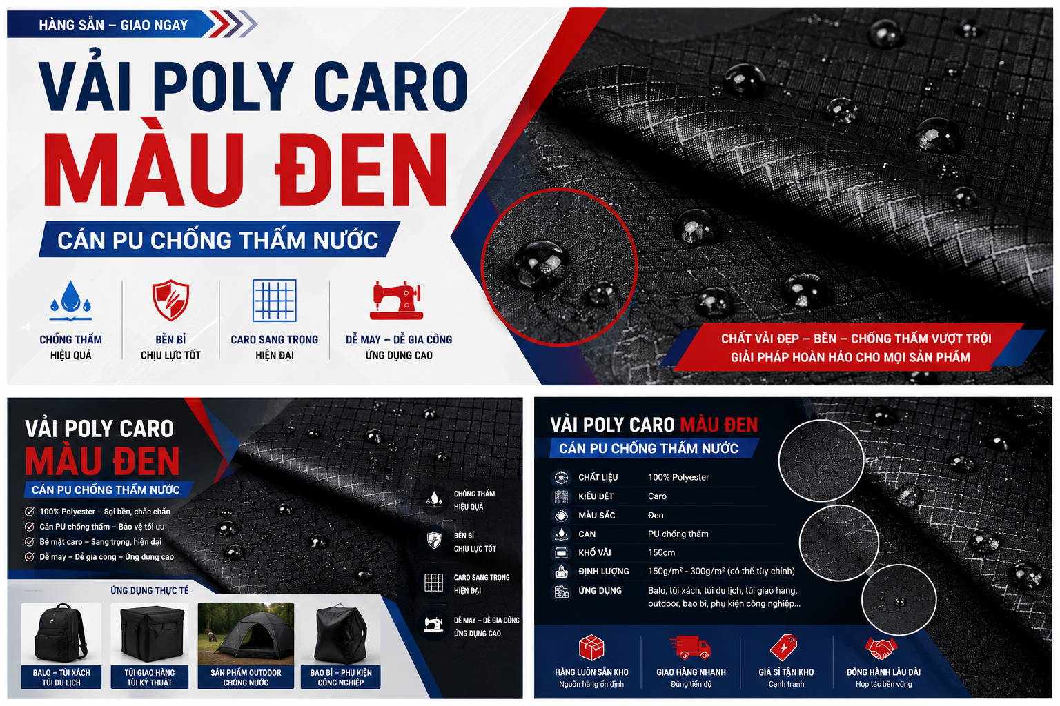 Vải Polyester Caro Màu Đen Cán PU Chống Thấm Nước