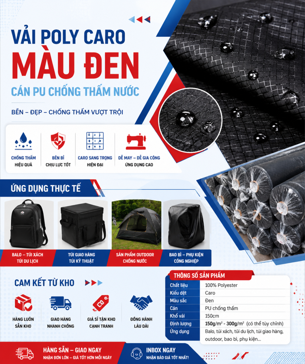 Giao Hàng Vải Poly Caro Đen Cán Pu Chống Thấm Nước