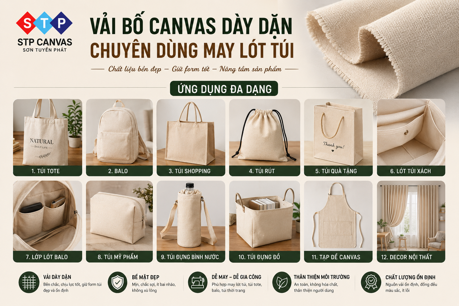 Vải Bố Canvas Dày Dặn Chuyên Dùng May Lót Túi